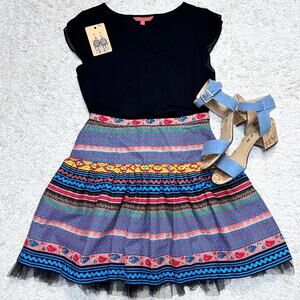 Roja Colorful Mini Circle Skirt Tulle Trim Colorful Southwest Print Sz: M